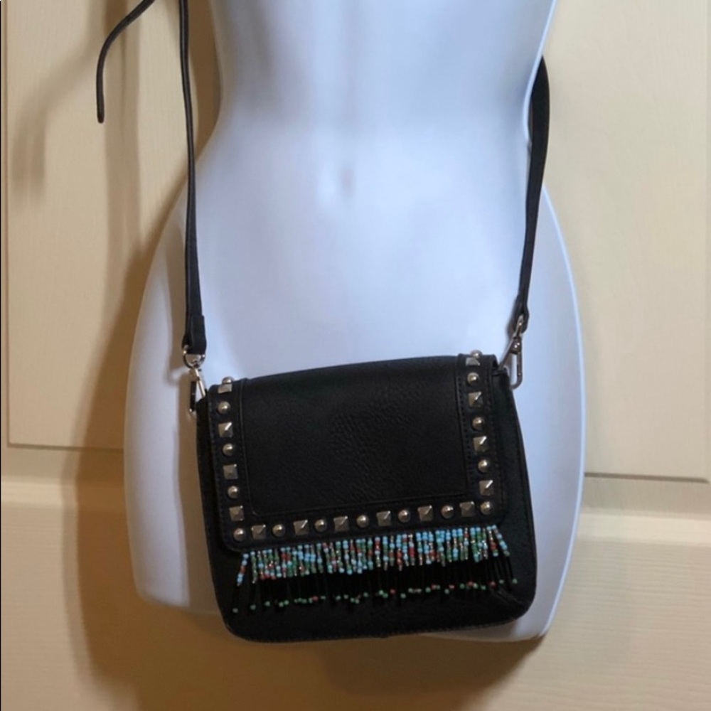 Black Studded Beaded Fringe Crossbody Purse